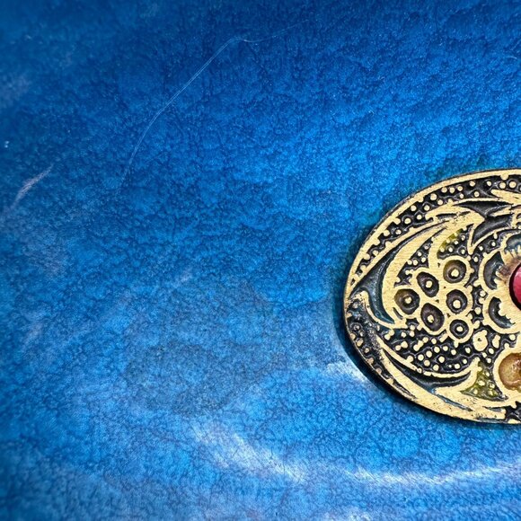 Vintage Brass Enamel Wheelbarrow Trinket Dish Israel Blue Gold Centerpiece Bowl - Picture 8 of 12